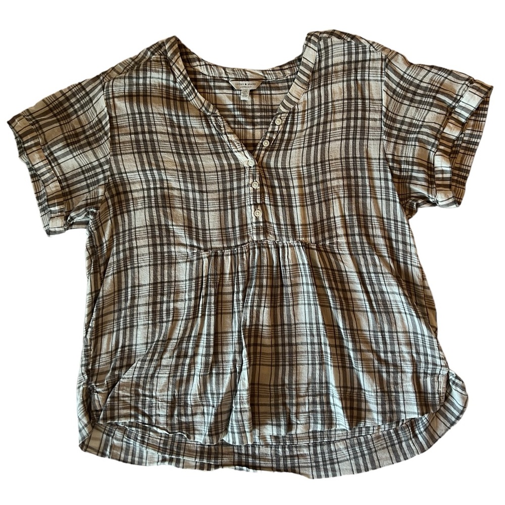 Lucky Brand Peasant Babydoll Top — Neutral plaid, size L